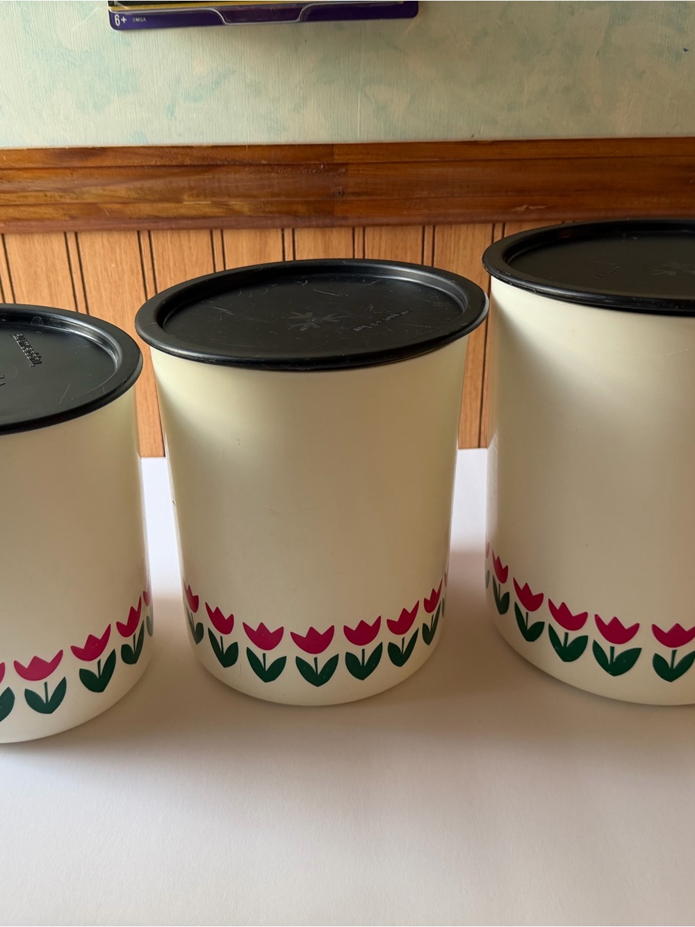Vintage Cream Tulip Pattern Kitchen Canister Set with Black Lids